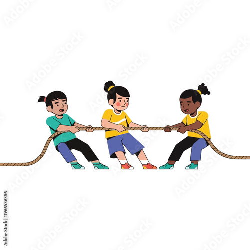 Children playing tug of war, diverse group of kids pulling rope, teamwork, competition