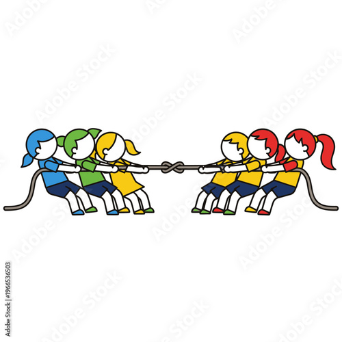 Children playing tug of war, team competition, outdoor game, fun, diverse groups