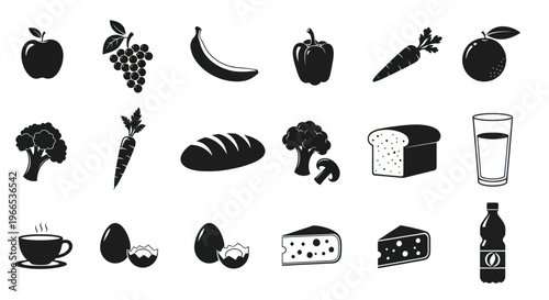Healthy Food Icons Silhouette Set: Fruits, Vegetables, Dairy, Drinks, and Bakery
