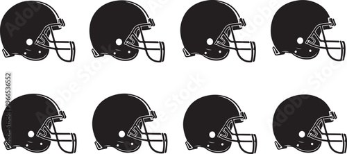 Black Football Helmets in Two Rows on White Background