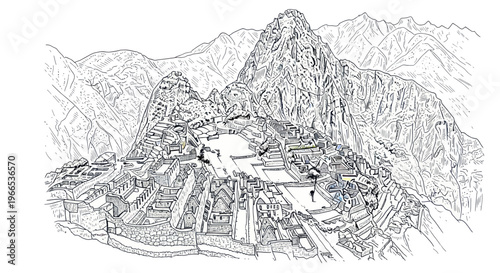 Machu Picchu Inca Citadel Line Drawing - Ancient Peruvian Mountain City