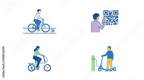 Micromobility options with cyclist, scooter, e-bike