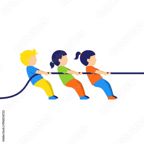 Children pulling rope, tug of war game, teamwork, competition, fun activity, flat design