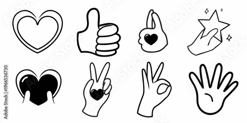Collection of hand drawn doodle style icons featuring hearts thumbs up and gestures