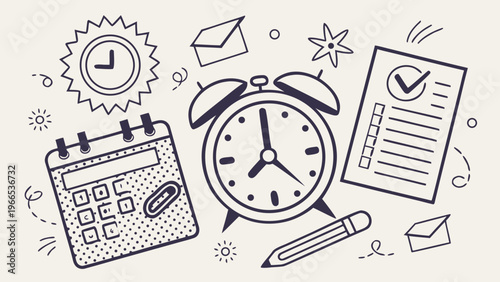 Time management business concept halftone art collage cut outs set. Various paper clipping shapes, stickers with vintage dotted texture and doodles. Modern retro grunge mixed media vector illustration