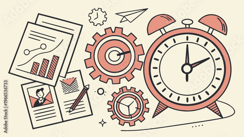 Time management business concept halftone art collage cut outs set. Various paper clipping shapes, stickers with vintage dotted texture and doodles. Modern retro grunge mixed media vector illustration