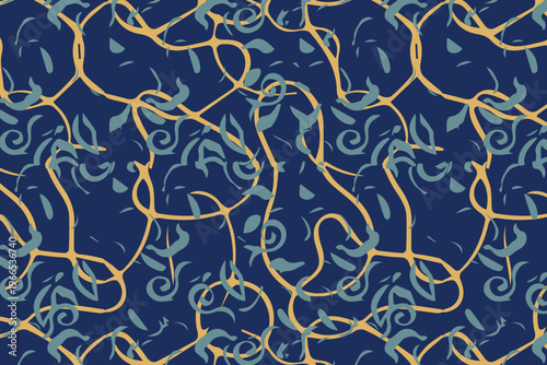 Navy linear abstract doodle seamless pattern featuring intricate thin gold lines for sophisticated branding and textiles