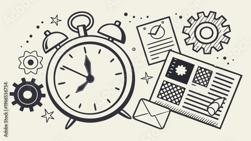 Time management business concept halftone art collage cut outs set. Various paper clipping shapes, stickers with vintage dotted texture and doodles. Modern retro grunge mixed media vector illustration