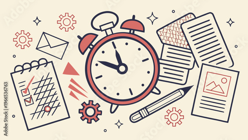 Time management business concept halftone art collage cut outs set. Various paper clipping shapes, stickers with vintage dotted texture and doodles. Modern retro grunge mixed media vector illustration