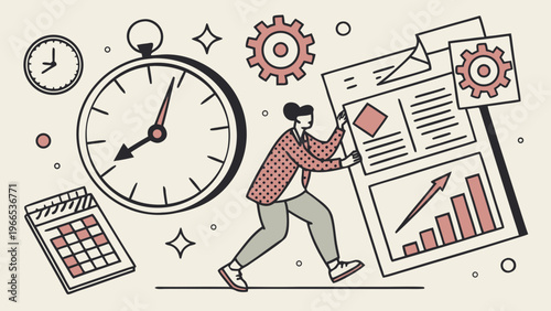 Time management business concept halftone art collage cut outs set. Various paper clipping shapes, stickers with vintage dotted texture and doodles. Modern retro grunge mixed media vector illustration