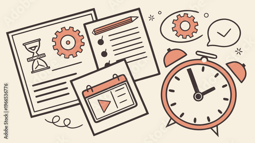 Time management business concept halftone art collage cut outs set. Various paper clipping shapes, stickers with vintage dotted texture and doodles. Modern retro grunge mixed media vector illustration