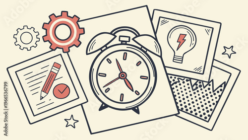 Time management business concept halftone art collage cut outs set. Various paper clipping shapes, stickers with vintage dotted texture and doodles. Modern retro grunge mixed media vector illustration