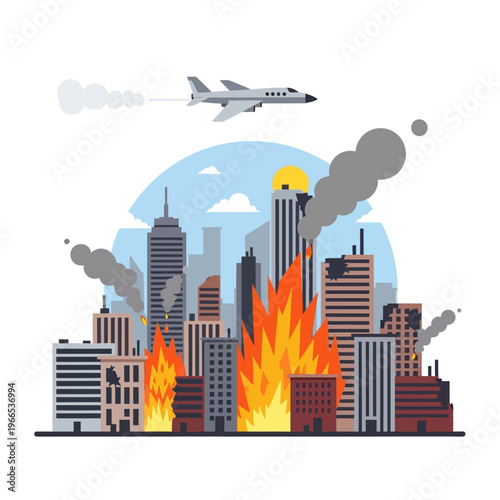 City skyline in flames, airplane flying over burning buildings, urban disaster, destruction