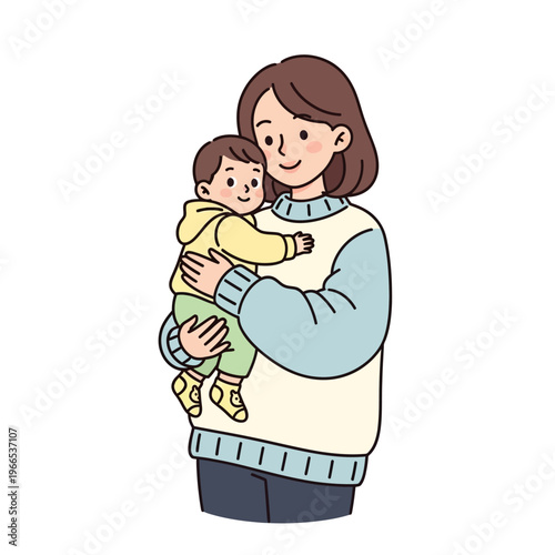 Mother holding a happy baby. Family love and care. Simple cartoon illustration, isolated on white background.