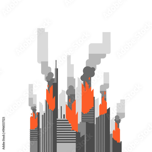 Cityscape ablaze with fire and smoke, abstract flat design, urban disaster concept