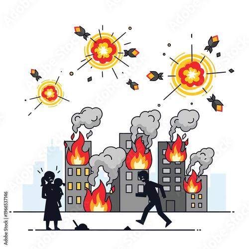 City Under Attack: Buildings Burning, Bombs Falling, People Fleeing