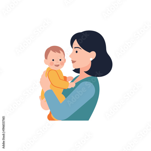 Mother Holding Baby Son, Family Love, Newborn Care, Parenting Joy, Flat Illustration