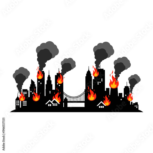 Cityscape Silhouette on Fire with Smoke Plumes and Flames