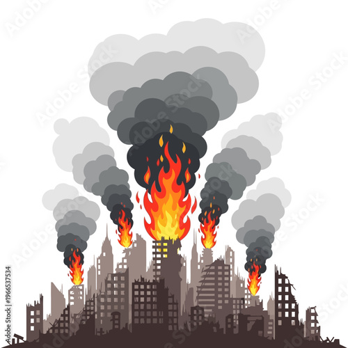 Cityscape on Fire with Smoke and Flames