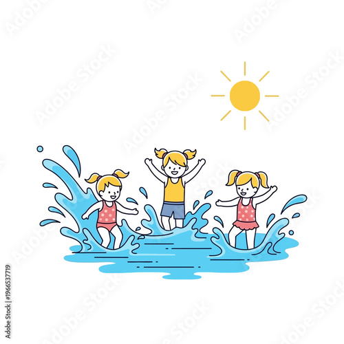 Three cheerful girls splashing joyfully in a swimming pool under the sun