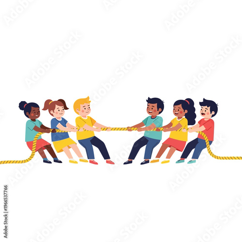 Diverse children playing tug of war, teamwork and competition concept
