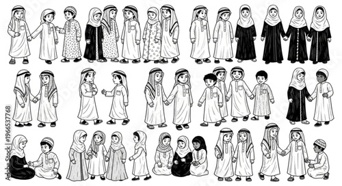 Children in Traditional Arab Clothing Holding Hands Together.