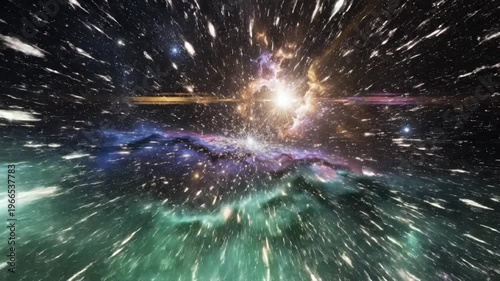 Brilliant star blooms at center, nebula swirls in pink, purple, blue dust with distant stars beyond