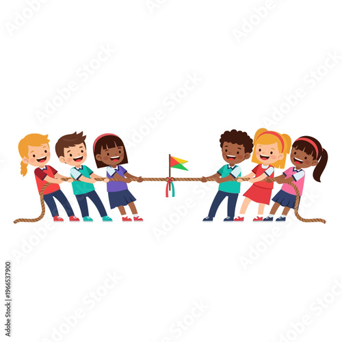 Diverse children playing tug of war, teamwork and competition