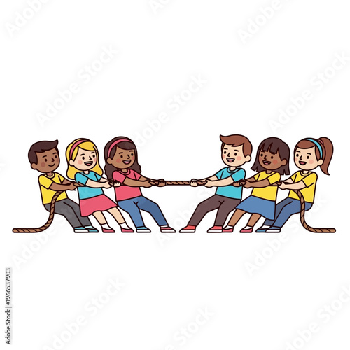 Diverse children playing tug of war, teamwork, fun, outdoor activity, isolated on white
