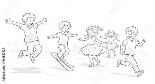 Children joyfully jumping and running outdoors.