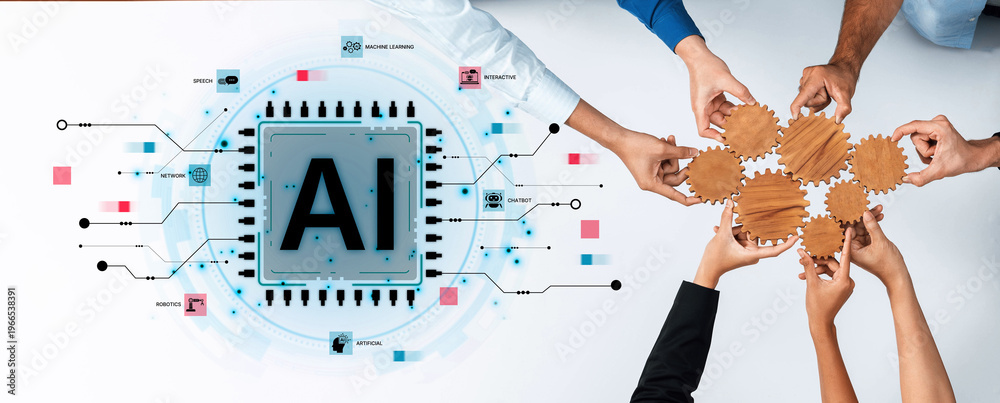 Obraz premium A technical diagram illustrating the core capabilities of Artificial Intelligence. This includes machine learning, robotics, speech recognition, and interactive chatbot technology. Fermion