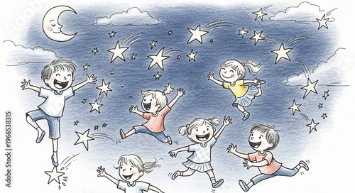 Children joyfully jumping under a starry night sky.