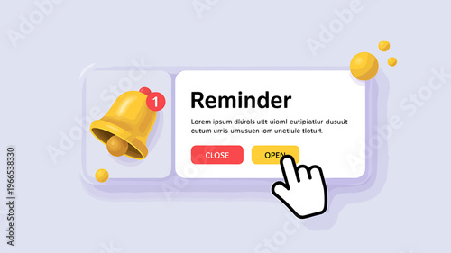 Reminder notification popup with bell icon and hand cursor  digital alert message