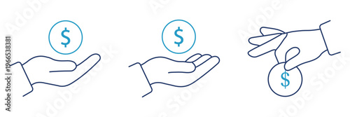 Hand Holding Money Coin Line Icon Set, Minimal Vector Outline Illustrations for Payment, Investment, Salary, Banking App, and Financial Web UI Design.