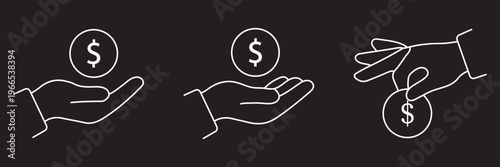 Savings icon thin line outline. Save money icon set, salary money, Hand holding dollar vector. Cashback icon set with money refund symbols, featuring a hand receiving returned money return investment 