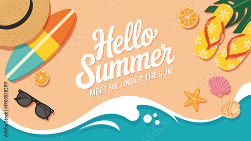 Hello Summer  Meet Me Under The Sun Beach Vacation Illustration