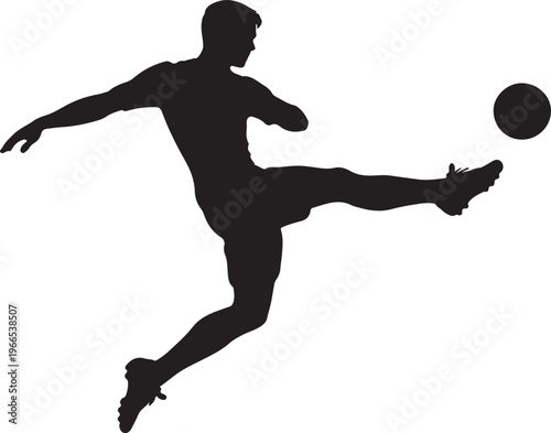 A black vector illustration of a football soccer player silhouette in action during a sports competition featuring a body in motion with an athletic figure