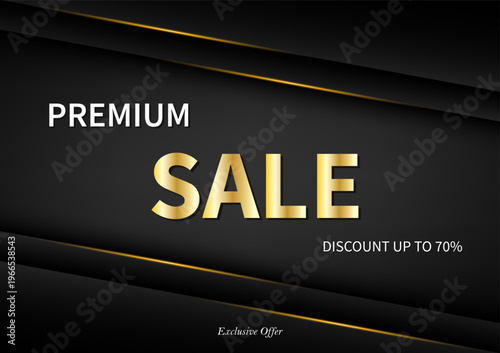 Elegant premium sale banner with black and gold color scheme, featuring modern typography and luxury style. Perfect for high-end brands, fashion promotions, corporate marketing, and exclusive discount