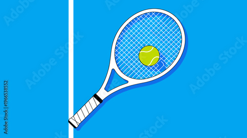Tennis racket with ball on blue court surface with white line