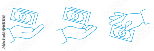 Hand money exchange icon thin line outline art. Hand Icon Sheet Multiple Style. Saving icon in a simple line art style. Payment method in hand vector icon set. three styles for business and finance