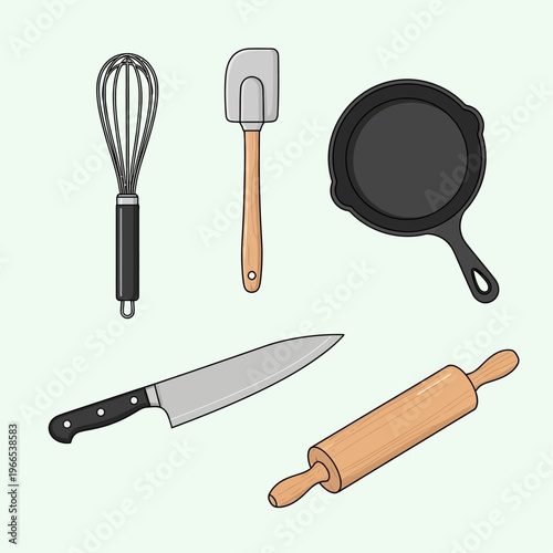 Kitchen Utensils Whisk Spatula Knife Rolling Pin.
