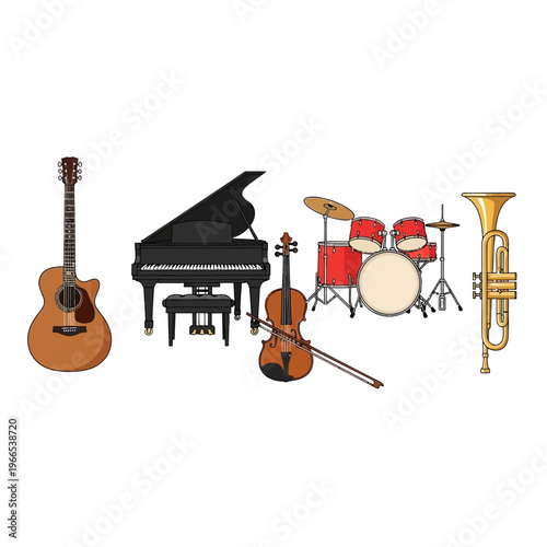 Musical Instruments Collection Featuring Guitar Piano.