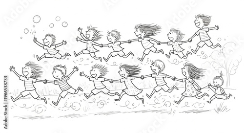 Children joyfully running and playing outdoors in a lively sketch.