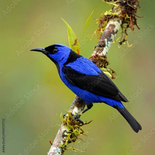 A vibrant blue and black bird perches on a mossy branch