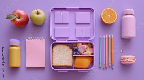 Colorful school lunch box with fresh healthy meal, sandwich, fruits and juice alongside school stationery on soft lilac background, back to school concept with balanced nutrition and organized study e