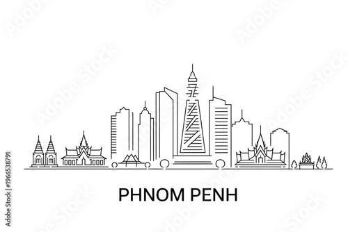 Phnom Penh city skyline with buildings and towers in simple line drawing style
