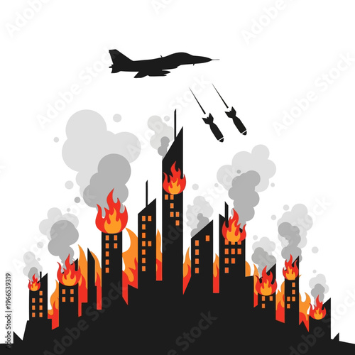 Jet dropping bombs on burning cityscape, war and destruction concept