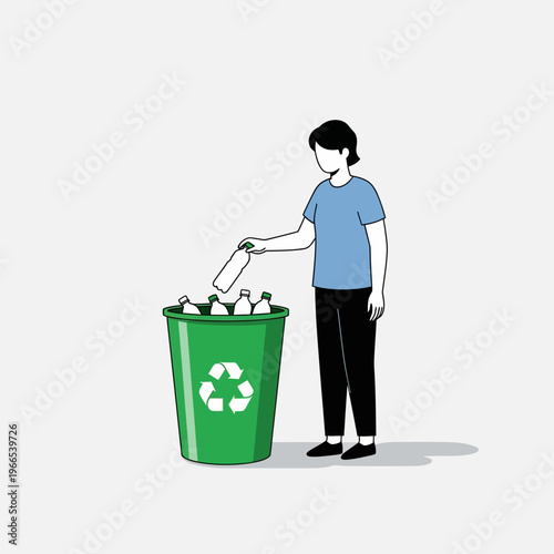 Woman Recycling Cans into Green Bin.