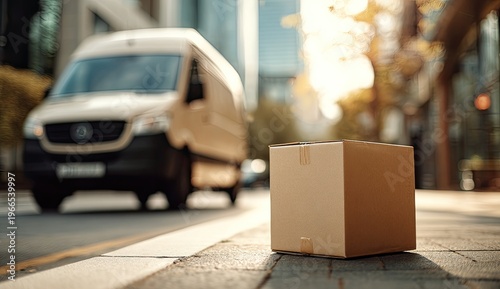 A brown cardboard box sits on a sidewalk with a delivery van in the background