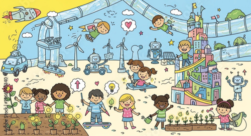 Children and Robots Building a Futuristic City Together.